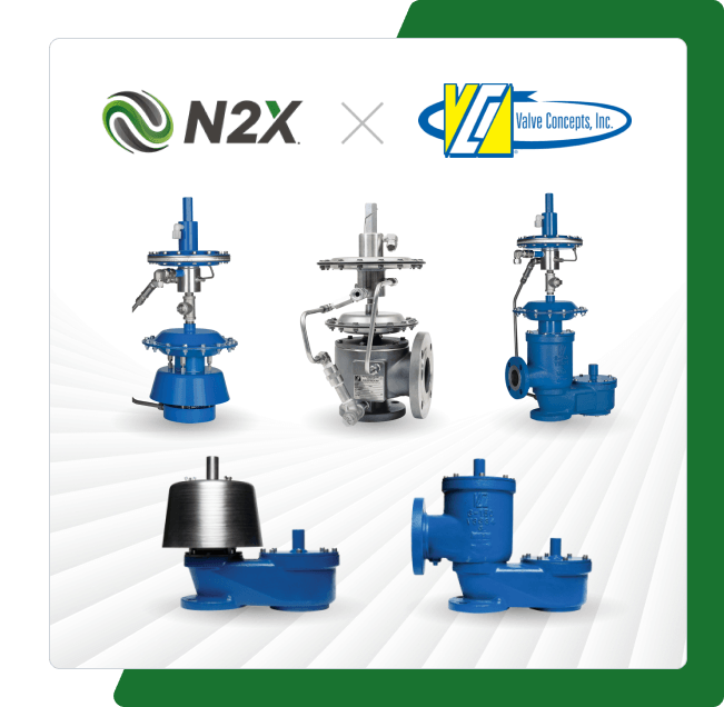 N2X and Valve Concepts Inc. logos alongside VCI tank protection equipment including blanketing regulators and pressure/vacuum relief valves