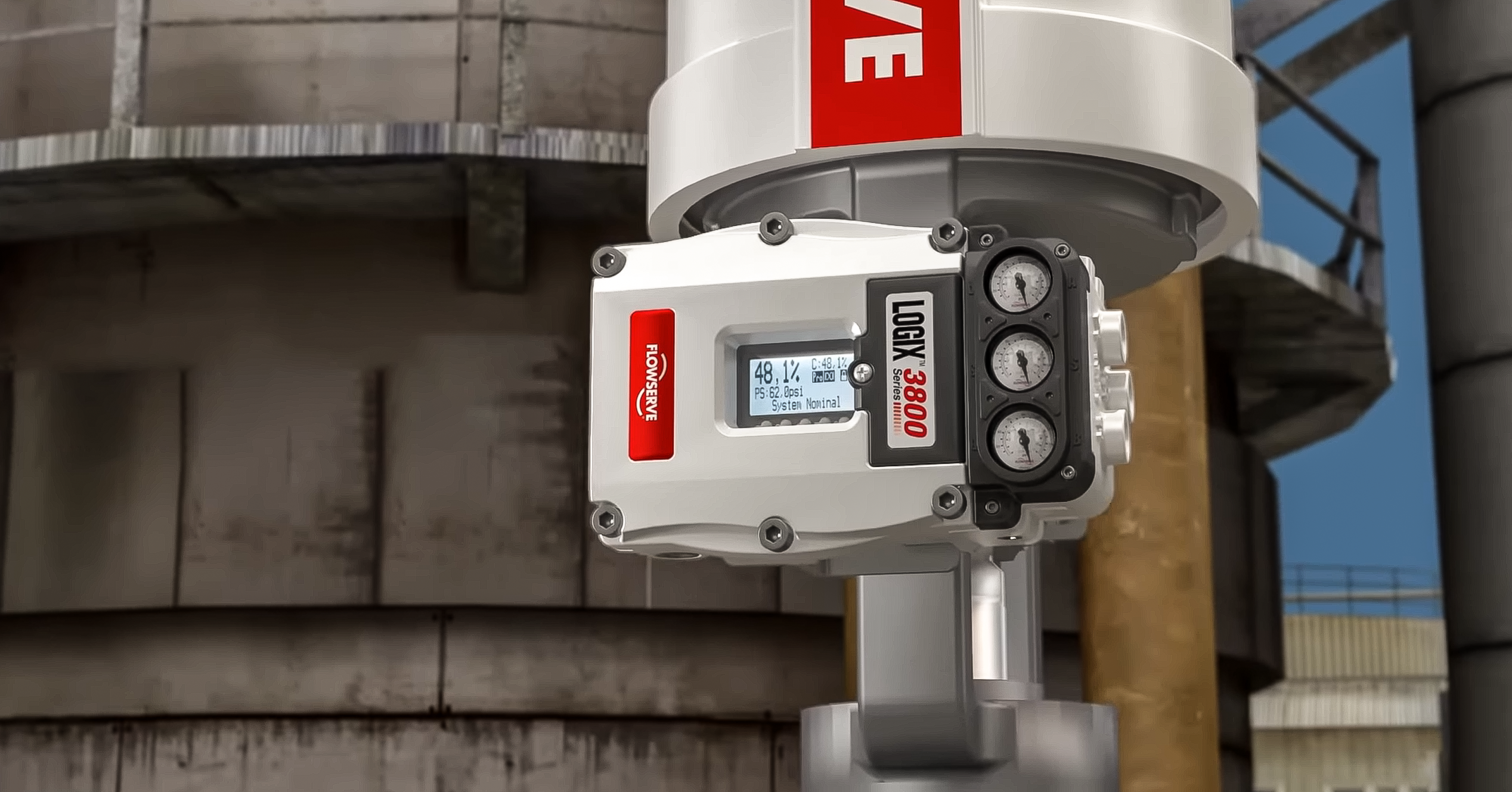 Flowserve Logix digital positioner mounted on an industrial control valve in a process facility